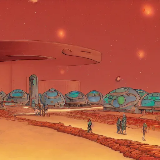 Image similar to a martian colony, digital painting by moebius, daniel taylor, darius puia, and studio ghibli