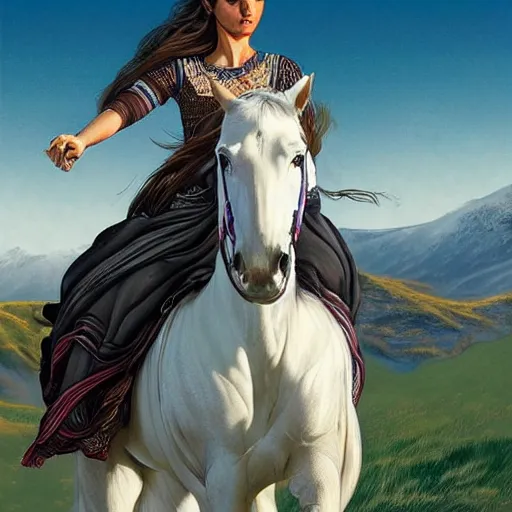 Prompt: a beautiful young kurdish woman riding a beautiful white horse in the kurdish mountains art by martin ansin, highly detailed, 8 k, high resolution, award winning art, incredibly intricate, beautiful and symmetrical face