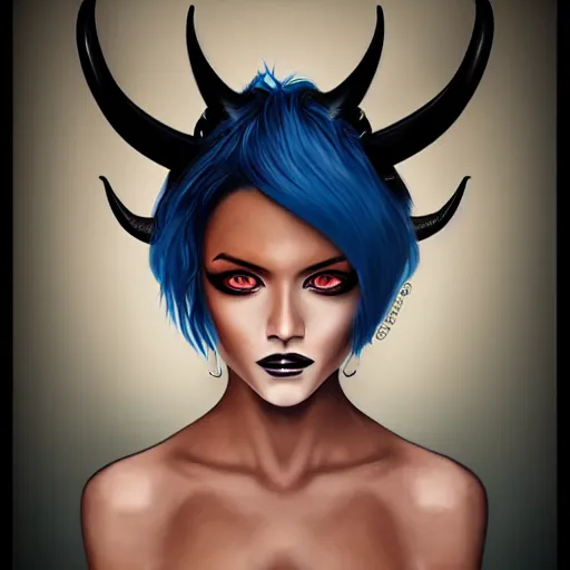 Image similar to illustrated realistic portrait of ram-horned devil woman with blue bob hairstyle and her tan colored skin and with solid black eyes wearing leather by rossdraws