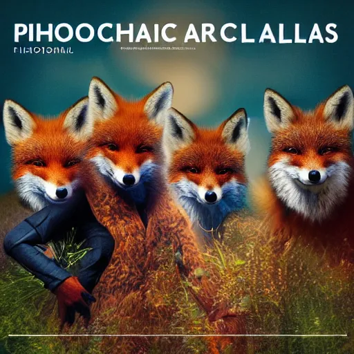 Image similar to photorealistic music album cover, with foxes animals wearing clothes, all looking at camera, studio lighting, award winning photograph, 8 5 mm f / 1. 4