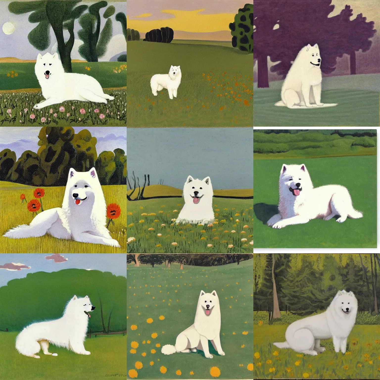 Prompt: a samoyed dog sitting in the middle of sunny meadow, by charles ephraim burchfield