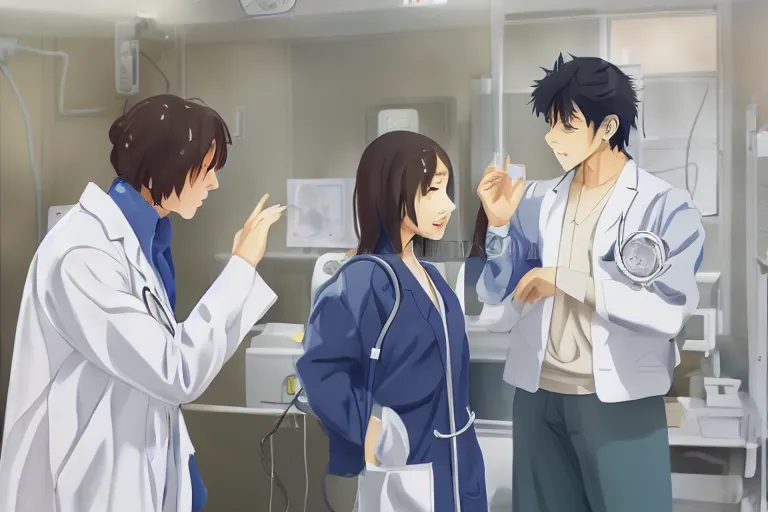 Prompt: a cute and beautiful young female doctor wearing white coat are talking with a handsome young man wearing white coat in a hospital ward, highly detailed, digital painting, slice of life anime, illustration, anime scenery by Makoto shinkai