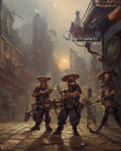 Image similar to oil painting of anthropomorphized hamster legion holding rifles, steampunk clothes, steampunk city background, sharp focus, fantasy style, octane render, volumetric lighting, 8k high definition, by greg rutkowski, highly detailed, trending on art Station, dungeons and dragons artwork, centered