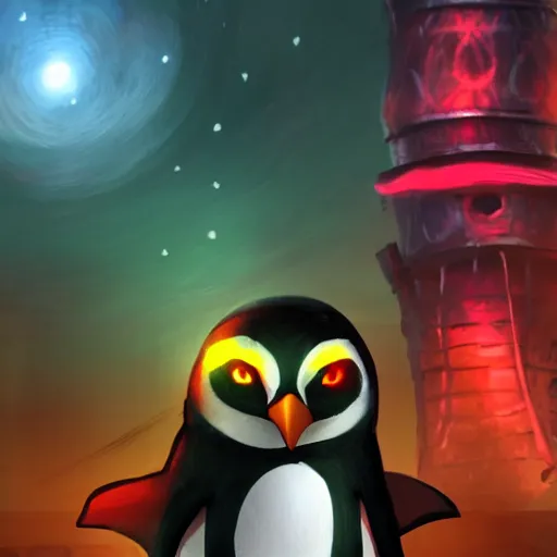 Image similar to penguin with red glowing eyes in front of a green glowing tower in the background, guild wars 2 art style