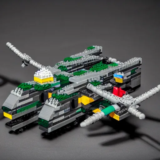 Image similar to a military drone made of legos, realistic photography, high detailed