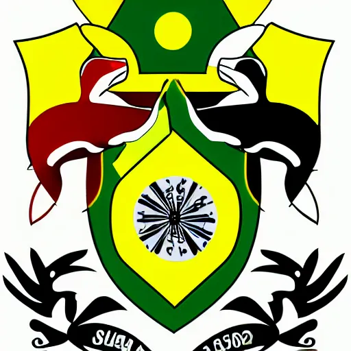 Prompt: coat of arms featuring lime green, yellow, red, two killer whales, orcas, a sun in the center