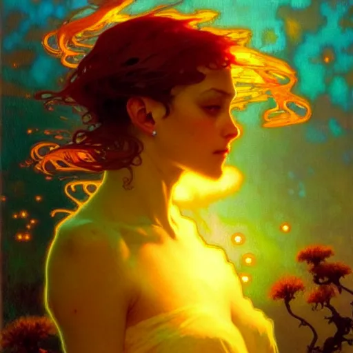 Image similar to sea of glossy liquid honey drops flowing like translucent amber, backlit, sunset, refracted lighting, art by collier, albert aublet, krenz cushart, artem demura, alphonse mucha