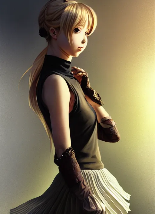 Image similar to portrait of a full body of beautiful young female detective, d & d, sleeveless turtleneck, pleated skirt, fantasy, flat lighting, intricate, highly detailed, digital painting, artstation, concept art, smooth, sharp focus, illustration, misa amane, art by simon bisley and greg rutkowski and alphonse mucha, natural tpose