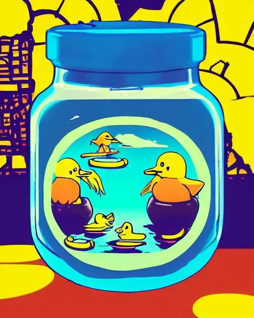 Prompt: awesome logo on jar of a yellow rubber ducks with dark techno. synthwave colours, in the style of spirited away, hyperrealism, art by satoshi kon, lush detail, award winning, trending on artstation