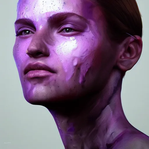 Image similar to face with lines of purple goo hyperrealistic portrait, photo realistic, poster, artstation, volumetric lighting, digital art, very detailed face by magali villeneuve