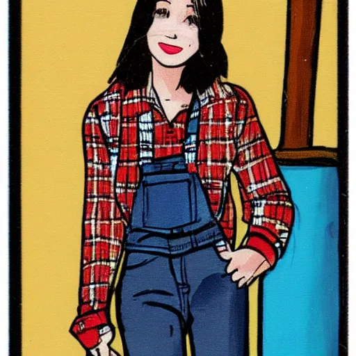 Prompt: cute girl wearing plaid and blue jean rolled up to her knees, she has her hand on a very large paint brush, modern cartoon trading card,