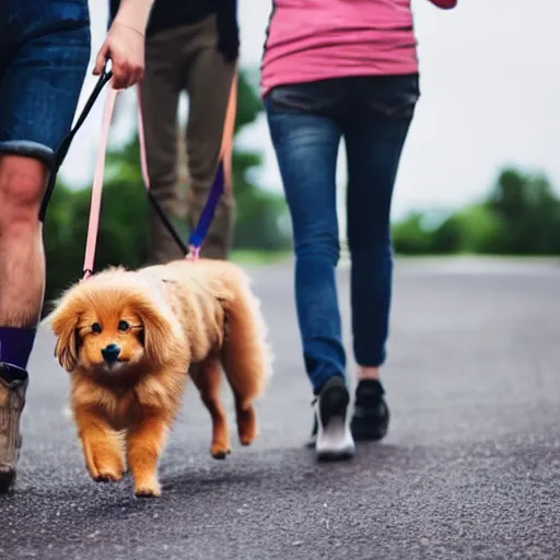 Prompt: dogs taking humans for a walk