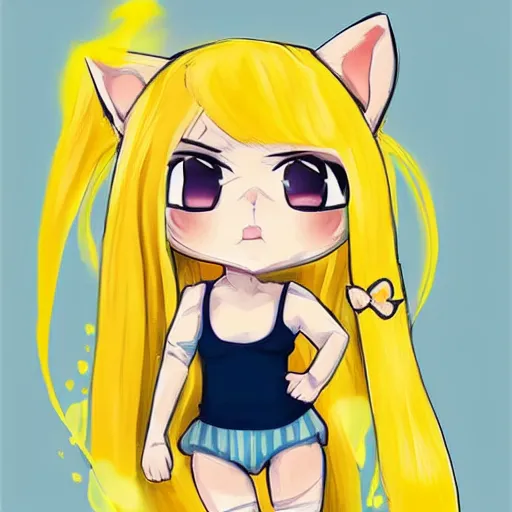 Image similar to full body character concept art of a little cat girl with yellow hair and blue eyes in chibi style