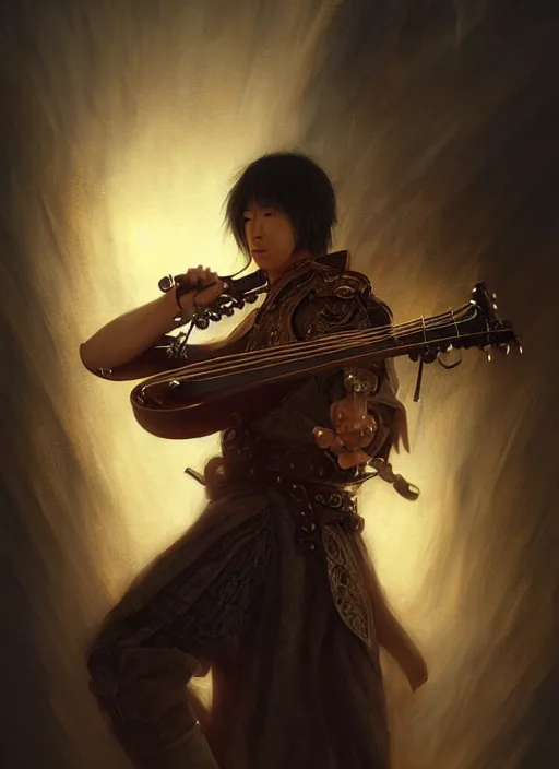 Image similar to a strong japanese male bard playing lute, full body, hyper realistic, blade runner, extremely detailed, dnd character art portrait, dark fantasy art, intricate fantasy painting, steampunk, dramatic lighting, vivid colors, deviantart, artstation, by clyde caldwell and krenz cushart and artem demura and john williams waterhouse