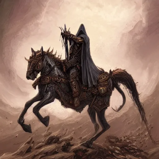 Prompt: a necromancer hooded rat riding a horse, doom, horror scenery, by Keith Thompson