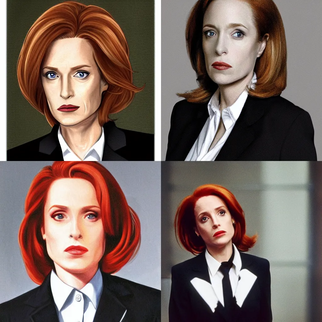 Prompt: Agent Dana Scully, wearing her badge and a modern black suit, by Élisabeth Louise Vigée Le Brun