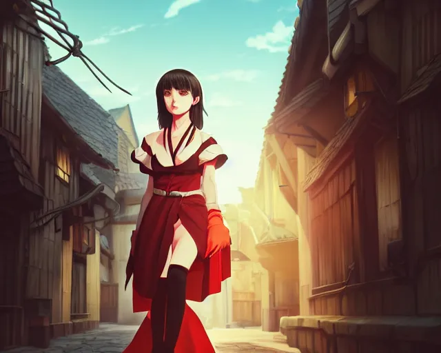 Prompt: ilya kuvshinov key anime visual portrait of a young female in robe walking through a busy medieval village, dynamic pose, dynamic perspective, cinematic, dramatic lighting, detailed silhouette, anime proportions