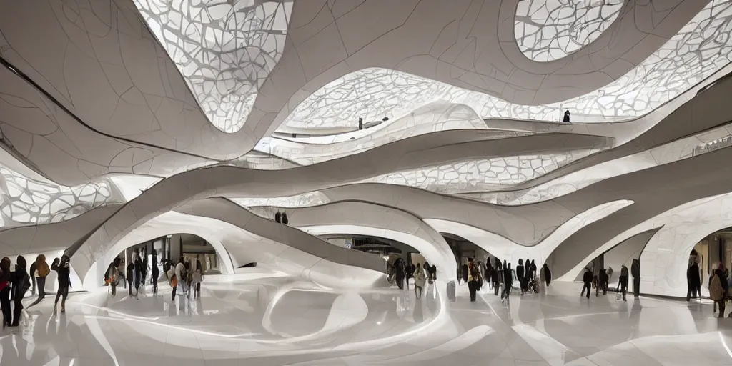 Image similar to extremely detailed ornate stunning beautiful elegant futuristic museum lobby interior by Zaha Hadid