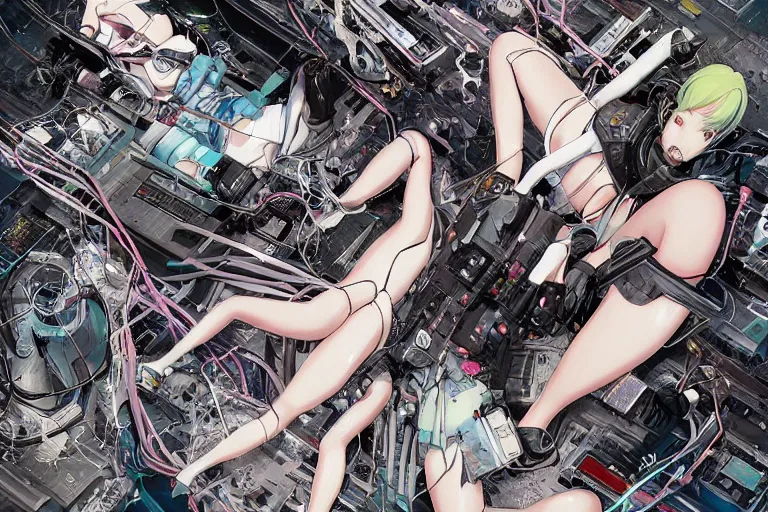 Image similar to a cyberpunk illustration of a group of female androids in style of masamune shirow, lying on an abstract, empty, white floor with their body parts scattered around in various poses and cables and wires coming out, by yukito kishiro and katsuhiro otomo, hyper-detailed, intricate, view from above