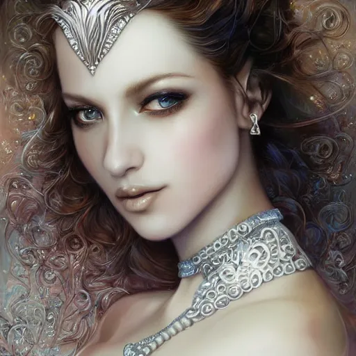 Image similar to a beautiful woman wearing a white dress made of silver with jewelry and diamonds by karol bak, ayami kojima, artgerm, sakimichan, arabian beauty, blue eyes, smile, concept art, fantasy
