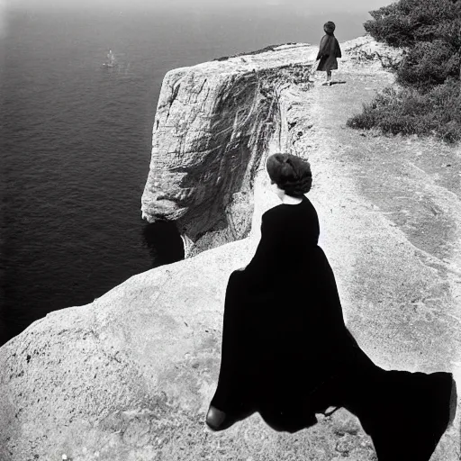 Image similar to ''a robert capa's photograph of a woman in a black dress on the edge of a cliff looking out to the horizon''