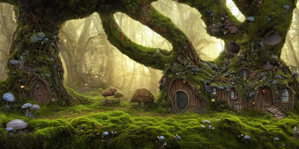 Image similar to a photorealistic cg render of huge old twisted tree with tiny mossy hobbit houses built into it, covered in moss, flowers and mushrooms, hints of peter mohrbacher, georges remi, albert uderzo, super - realistic, insanely intricate and detailed, sunset, volumetric lighting, god rays, 4 k, high definition