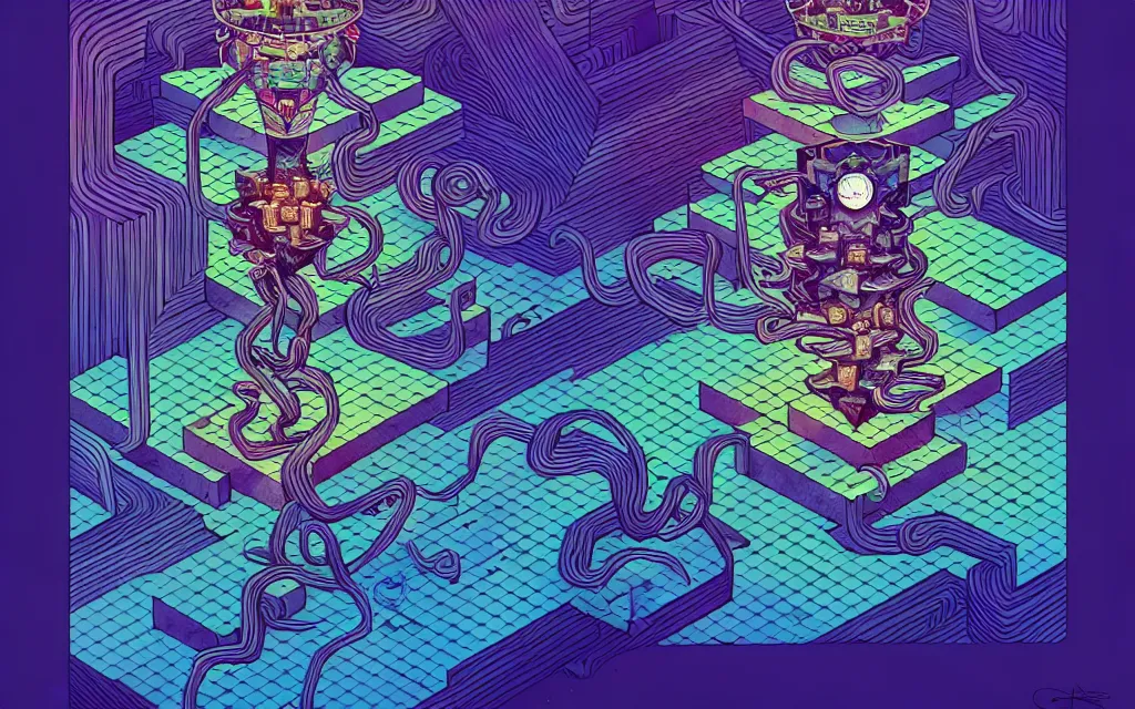 Image similar to arcane twisted turn of fate abstraction, centered award winning ink pen illustration, isometric abstract illustration by dan mumford, edited by craola, technical drawing by beeple and tooth wu, tiny details by artgerm and watercolor girl, symmetrically isometrically centered