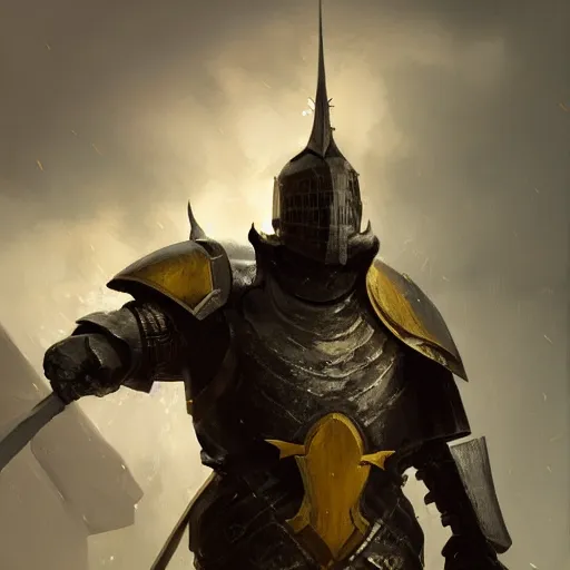 Image similar to anthropomorphic knight warrior stands tall wearing black and gold plate armor, oil painting, Tooth Wu, Greg Rutkowski, RPG, dynamic lighting, fantasy art, High contrast, depth of field, landscape, scenery