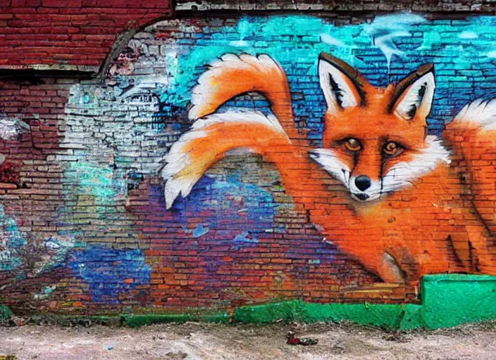 Prompt: fox graffiti, dirty wall, alley, impressive, colorful, photograph