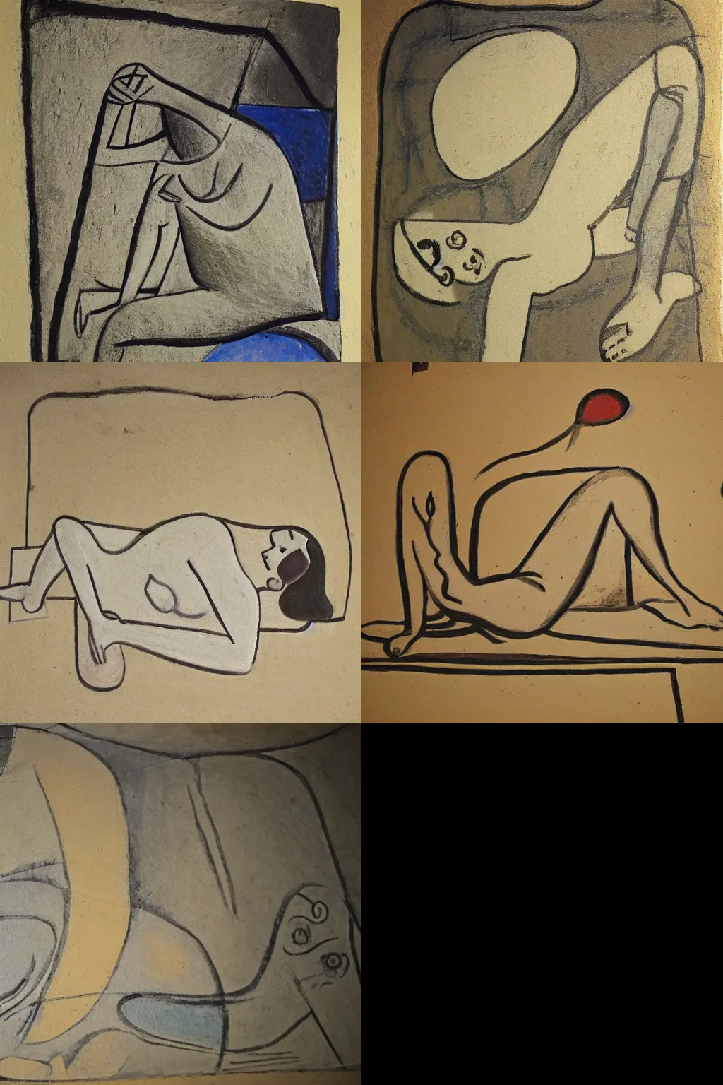 Prompt: a painting of a person laying down in the corner, a cave painting by Ben Nicholson, flickr, mingei, picasso, academic art, detailed painting