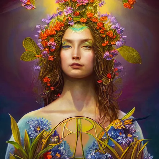 Image similar to a portrait oil painting of a singular beautiful female godess of spring with colorful flowers, holy geometry, tarot card style, by Mohrbacher and Moebius, cinematic lighting, masterpiece, golden ratio background, highly detailed, 8k resolution, trending on art station