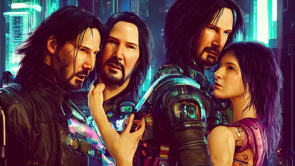 Image similar to a cyberpunk 2077 srcreenshot couple portrait of Keanu Reeves and a female android final kissed in night city,love,romantic,film lighting,by Lawrence Alma-Tadema,Andrei Riabovitchev,Laurie Greasley,Dan Mumford,John Wick,Speed,Replicas,artstation,deviantart,FAN ART,full of color,intricate,concept art,smooth,elegant,Digital painting,illustration,sharp focus,face enhance,highly detailed,8K,octane,golden ratio,cinematic lighting