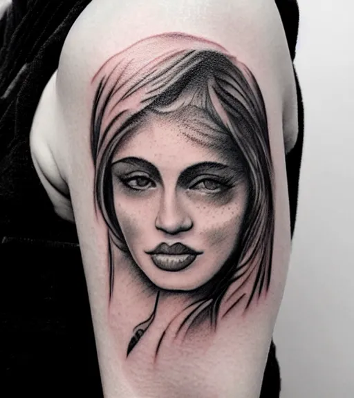 Image similar to tattoo design sketch of an extremely beautiful woman face with a faded background of stunning mountain view on her side, hyper - realistic, in the style of matteo pasqualin, amazing detail, black and white, faded