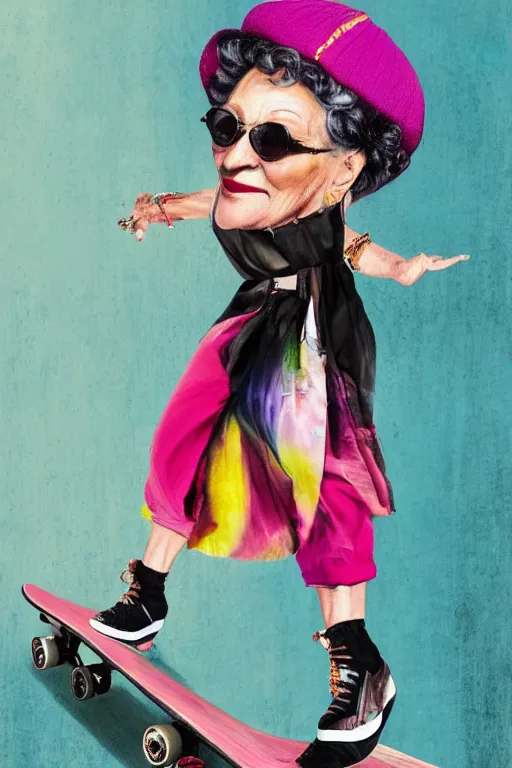 Prompt: a portrait of a fashionable gran on a skateboard in los angeles, in the style of david lachapelle