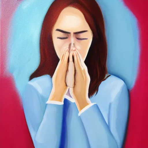 Image similar to portrait of a expressionless woman holding a note on her hand while tears flow, realistic painting