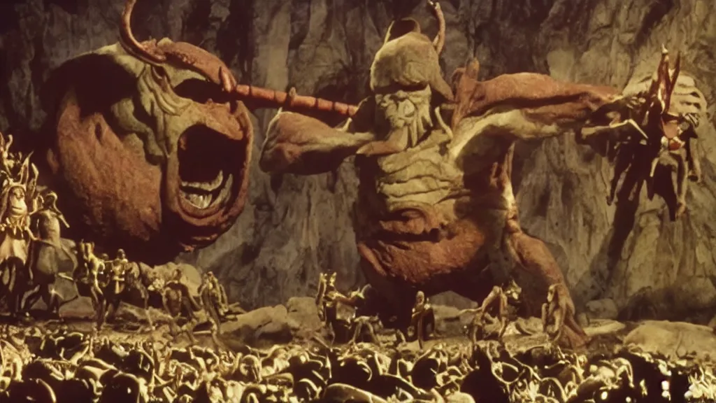 Image similar to still from a stop motion animated movie about a giant cyclops, by ray harryhausen, nineteen seventy five, cinematic lighting, ultra realistic, panavision, wide screen, saturated color, seventies cinema, vintage, sword and sorcery