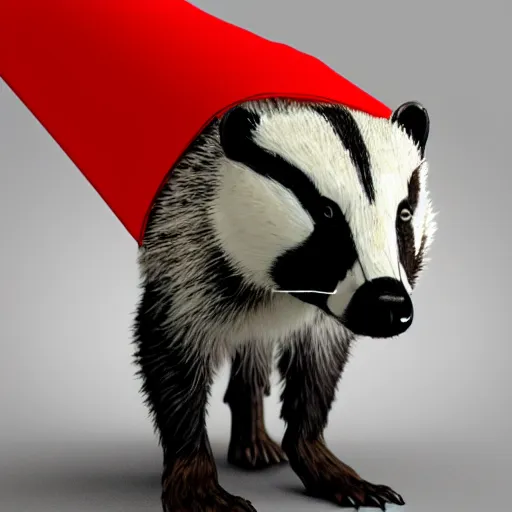 Image similar to a humanoid friendly badger walking on white background towards the camera, he‘s wearing a red neckerchief, clean digital render