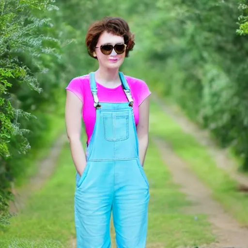 Image similar to a photo of a woman in cyan and pink overalls