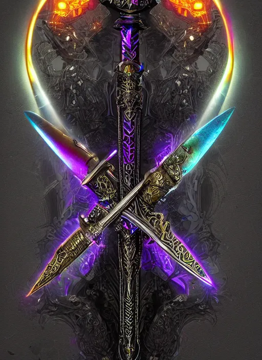 Prompt: legendary glowing sword of cybernetic technology, intricate, sharp black and iridescent blade, ornate gothic baroque spikes hilt, colorful handle, vivid detailed realistic, ray tracing, colored gems, artstation, deviantart