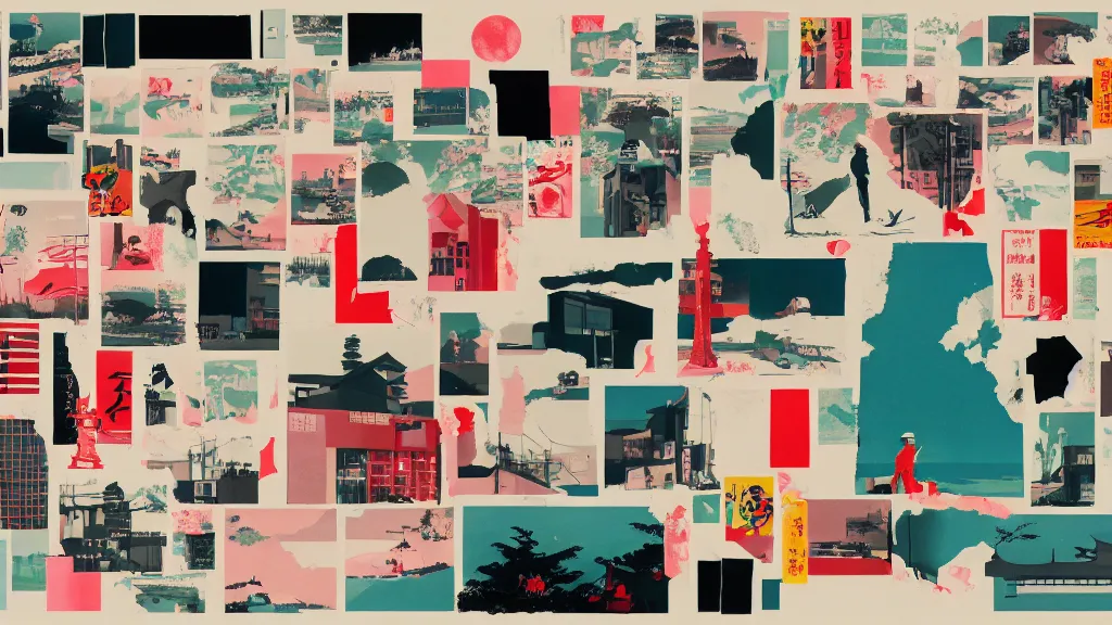 Image similar to japan, a collage painting, in the style of wes anderson, lola dupre, david hockney, isolated on negative white space background dark monochrome neon spraypaint accents volumetric octane render