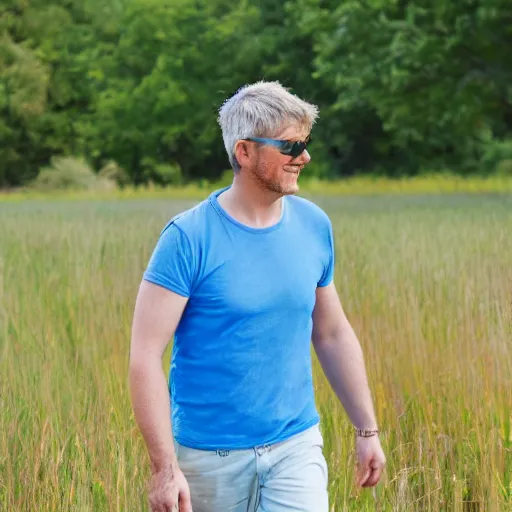 Image similar to guy in blue jack walking in a field