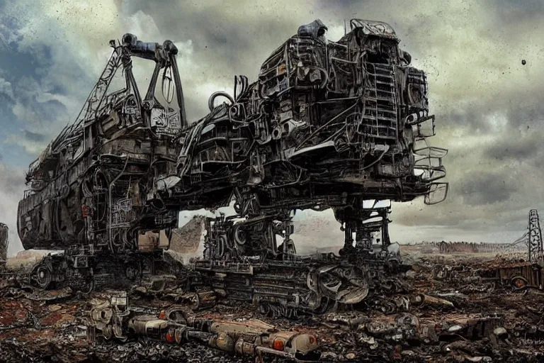 Prompt: bagger 2 8 8 strip mining machine, black and chrome, massive scale, post apocalyptic wasteland, infinite detail, by simon bisley