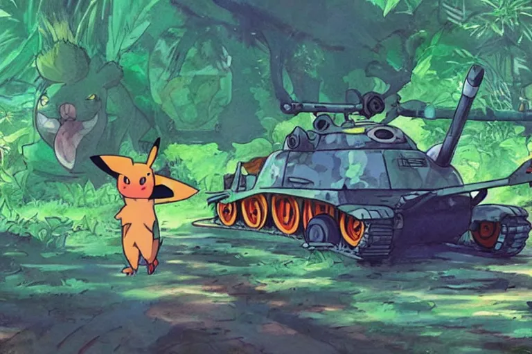 Image similar to colorful pokemon that looks like a military tank, lush jungle scene, post apocalyptic, shot on film, art by studio ghibli