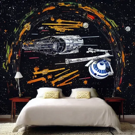 Prompt: star wars mural in the style of jackson pollock