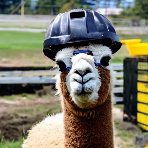 Image similar to an alpaca wearing a construction helmet and safety goggles