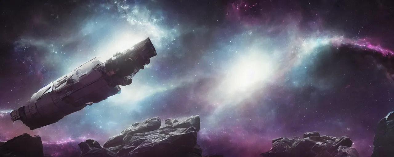 Image similar to movie still, thin galactic horizon, a dark epic galaxy, space scene, dark scifi, unreal engine, octane render, detailed and intricate, global illumination, volumetric lighting, hubble telescope images, james webb telescope images, houdini fluid simulation, detailed and intricate environment