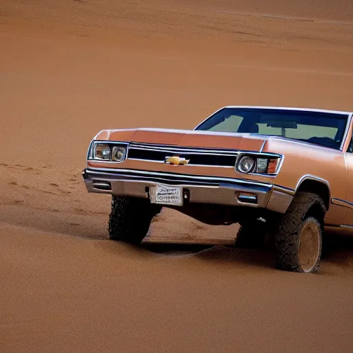 Prompt: a chevy el camino, stuck in sand, in the desert, dunes