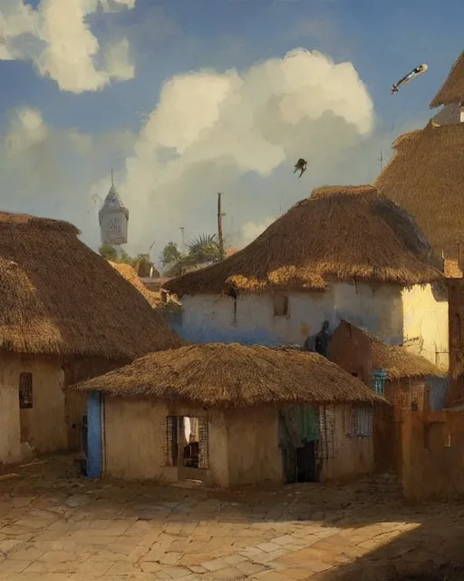 Image similar to Painting by Greg Rutkowski, a big ceramic jug with a gold ornament flies high in the night dark blue sky above a small village with white houses under thatched roofs