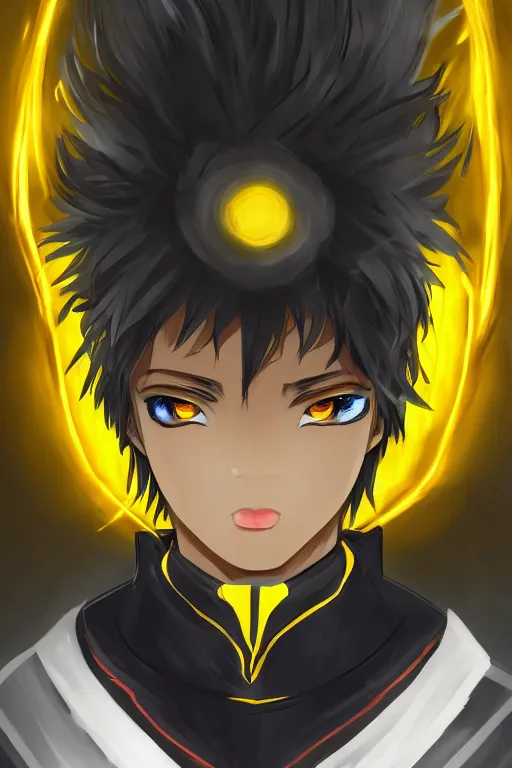 Image similar to glowing black male anime character, short golden hair, yellow eyes, symmetrical, highly detailed, digital art, sharp focus, trending on art station, samurai, electricity superpowers, anime art style