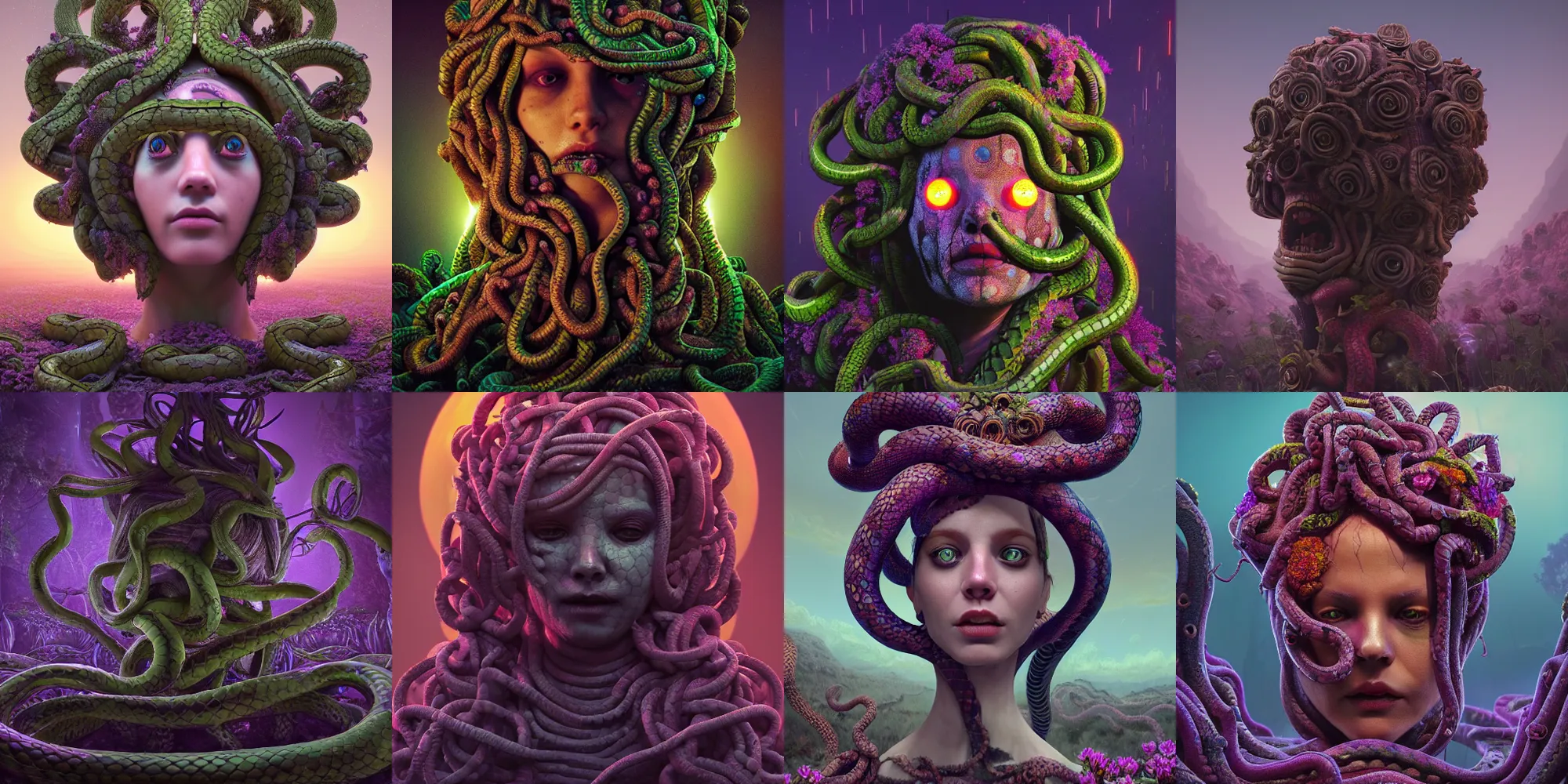 Prompt: creepy medusa gorgon gaze head, highly detailed snakes, beautiful flowers, beautiful dark creepy landscape, in the style of beeple and mike winkelmann, intricate, epic lighting, cinematic composition, hyper realistic, 8 k resolution, unreal engine 5, raytracing, ultraviolet colors,
